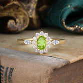 Vintage Halo Cluster Oval Cut Peridot Engagement Ring
